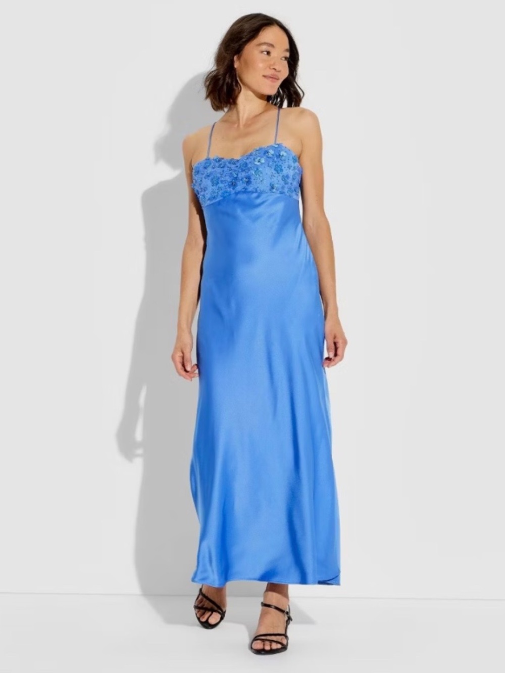 Wild Fable Womens Maxi Sequin Satin Empire Waist Dress Floral Beaded XS NWT